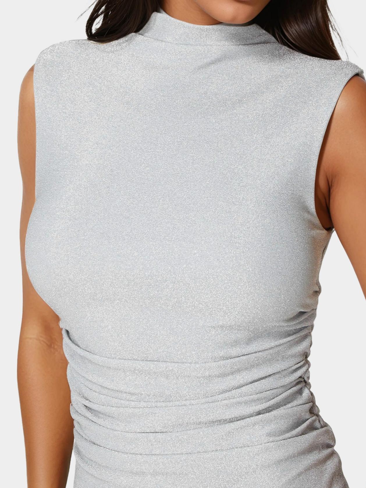 Milan Metallic Drape Neck Shirred Dress