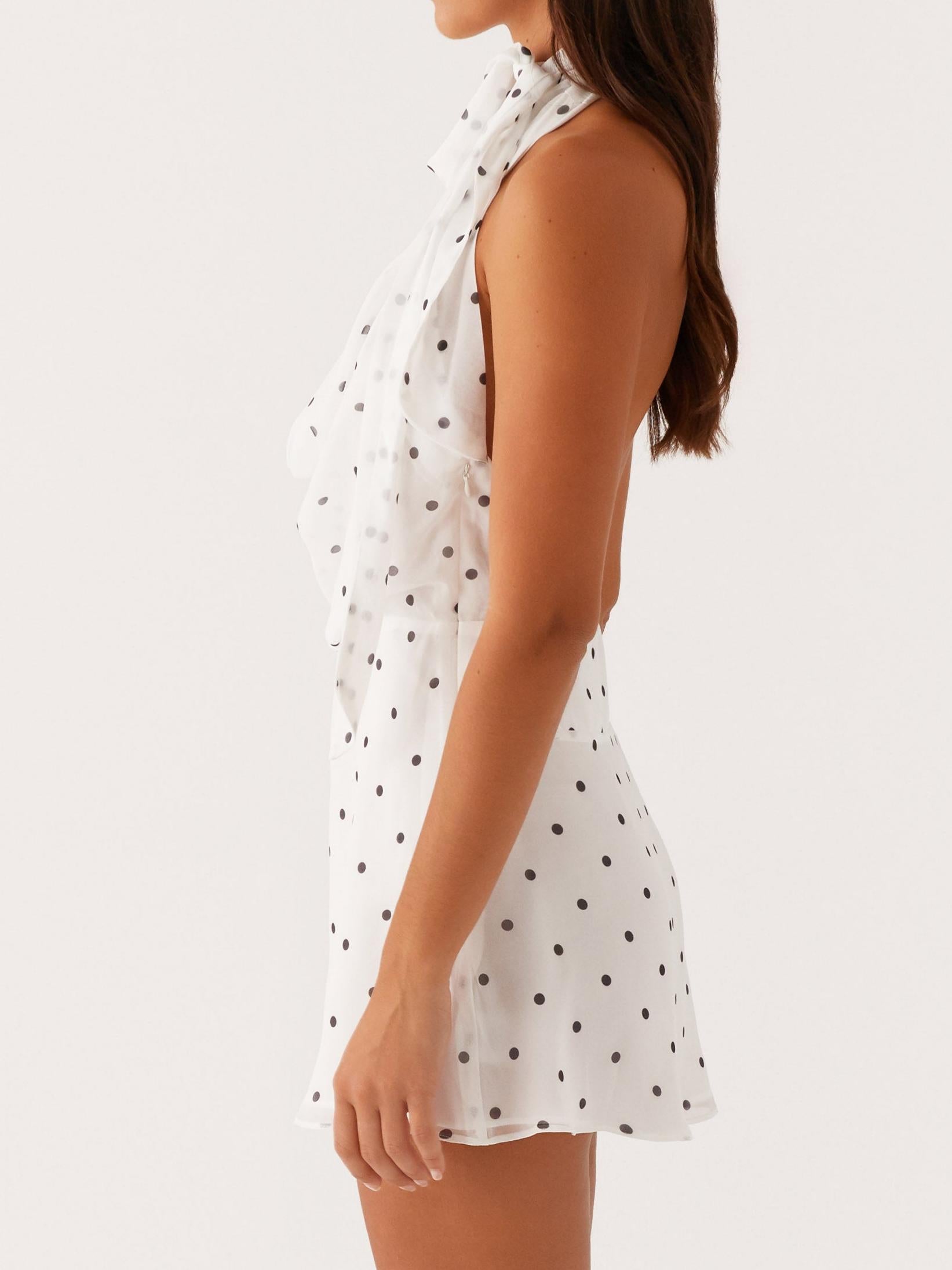 Avalia Backless Scarf Mini Dress - White Polka Dot