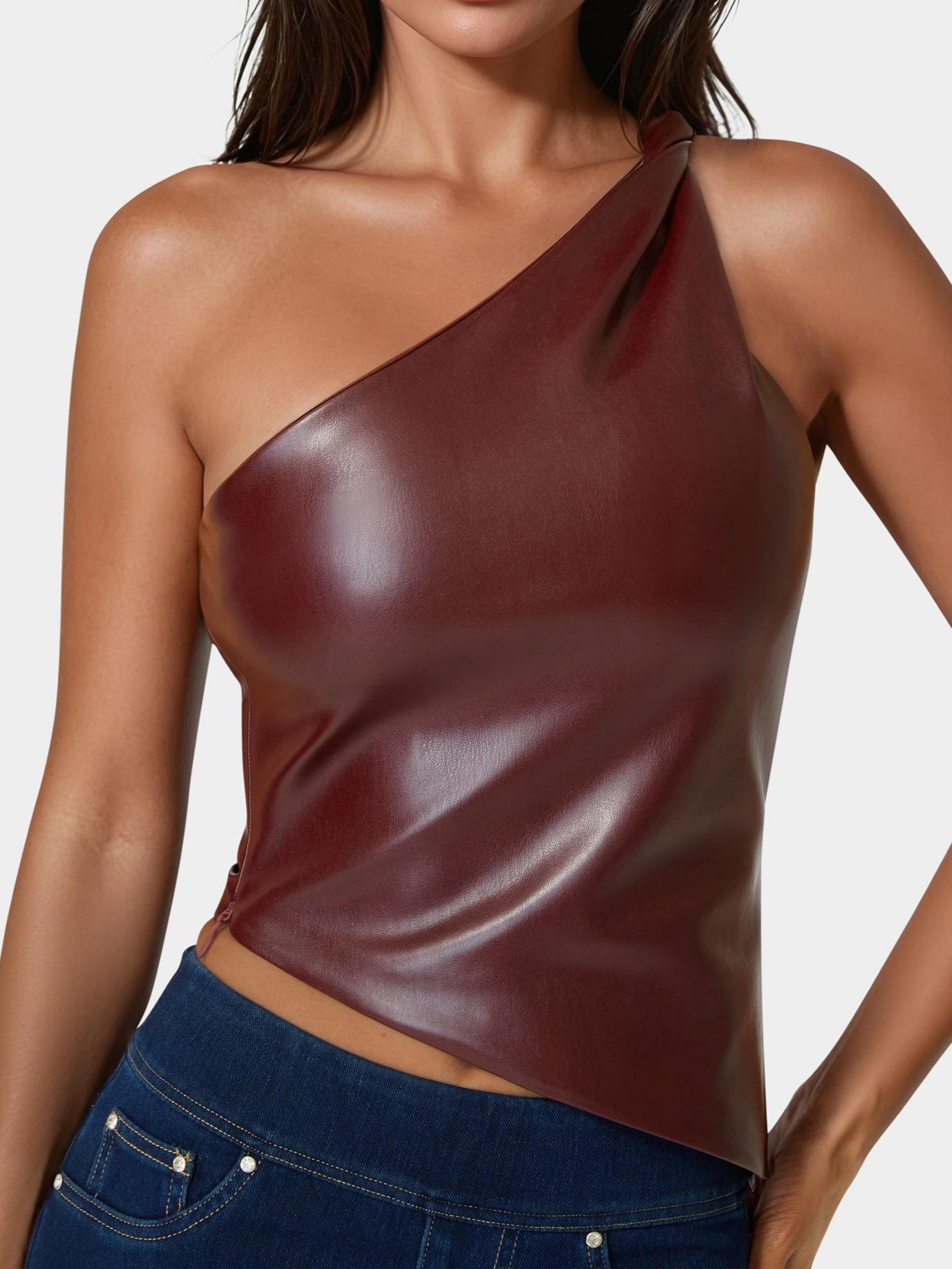 Vegan Leather One Shoulder Top