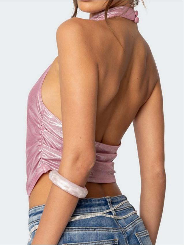 Shiny Backless Cowl Neck Top