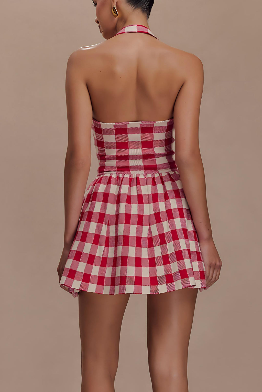 Halter Knit Mini Dress - Red Gingham