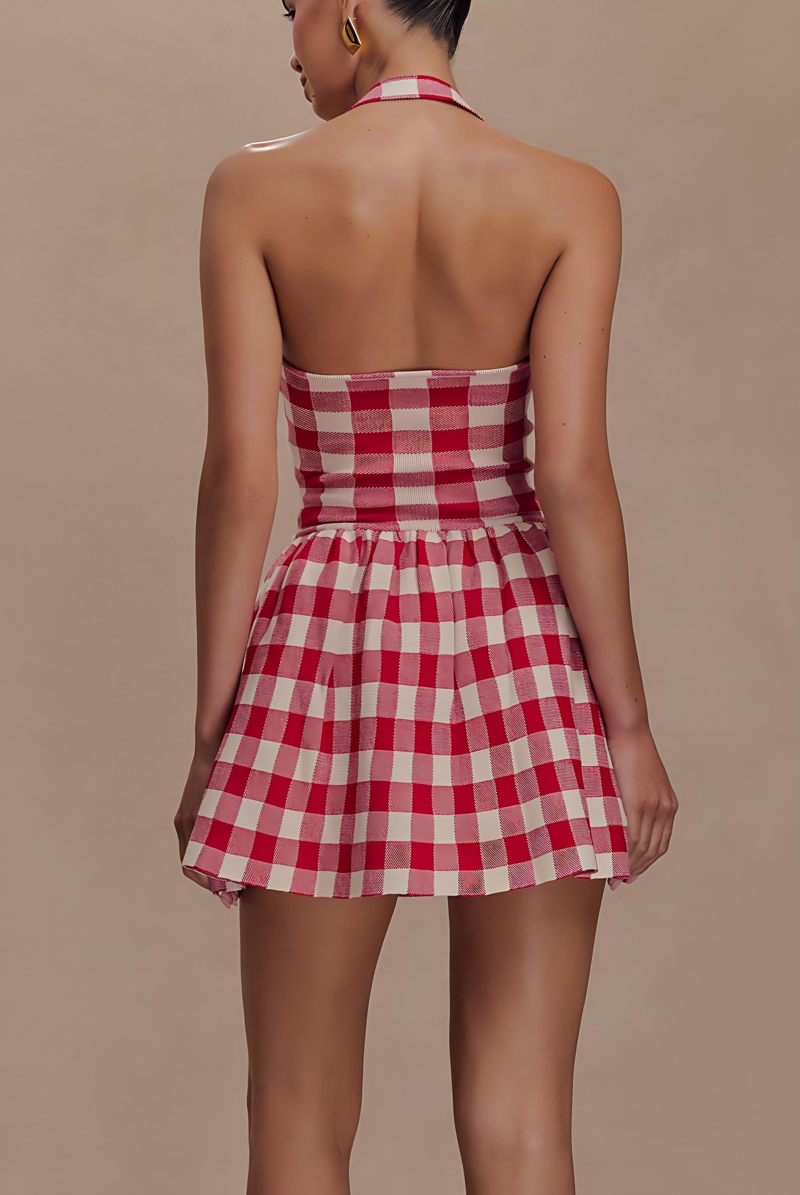 Halter Knit Mini Dress - Red Gingham