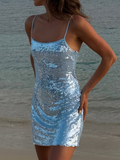 Blue Strapless Patchwork Sequin Dress
