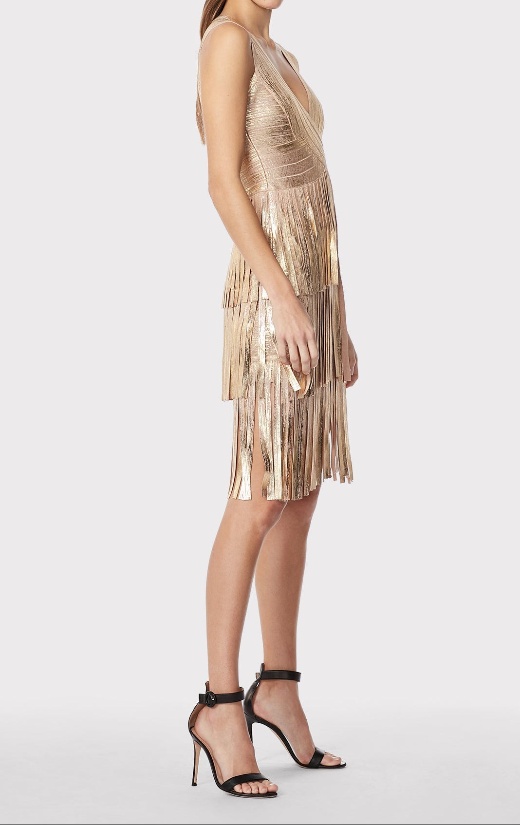 V Neck Foil Fringed Midi Dress