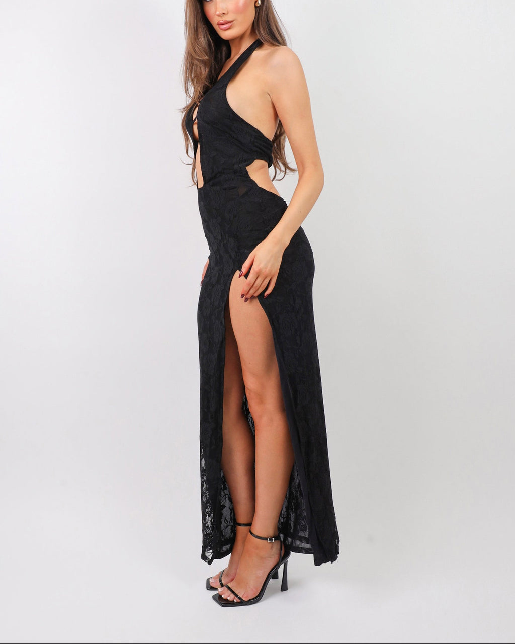 Noir Black Lace Thigh Split Maxi Dress