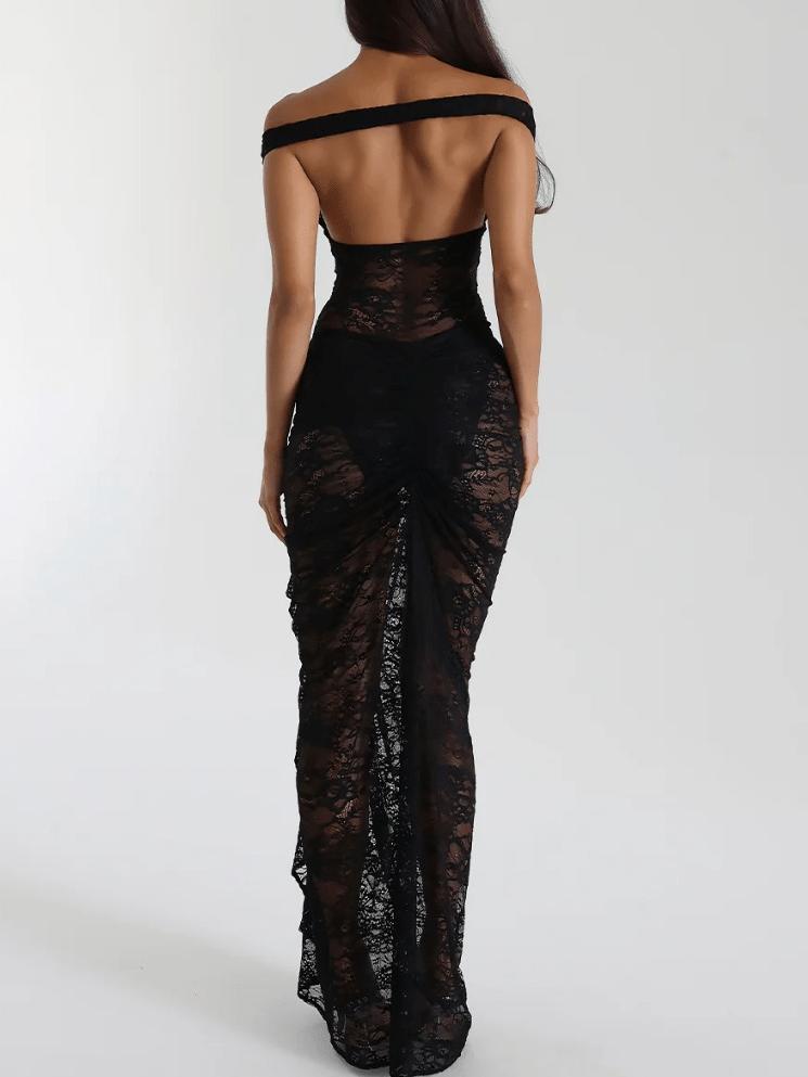 Lace Off Shoulder Ruched Maxi Dress