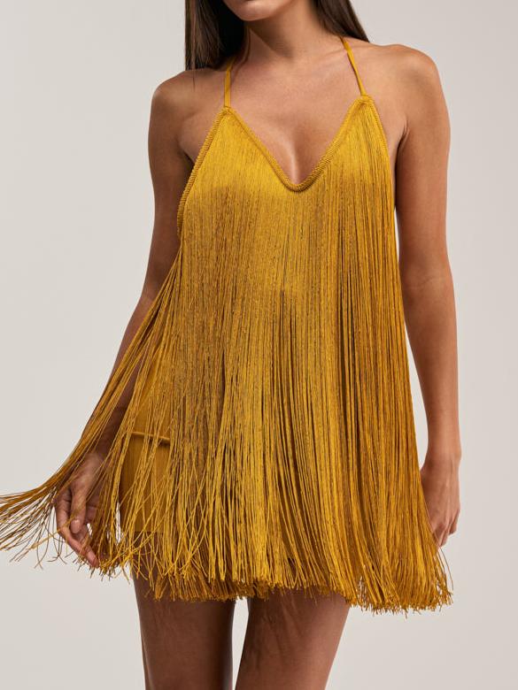 Golden Fringe Slip Mini Dress