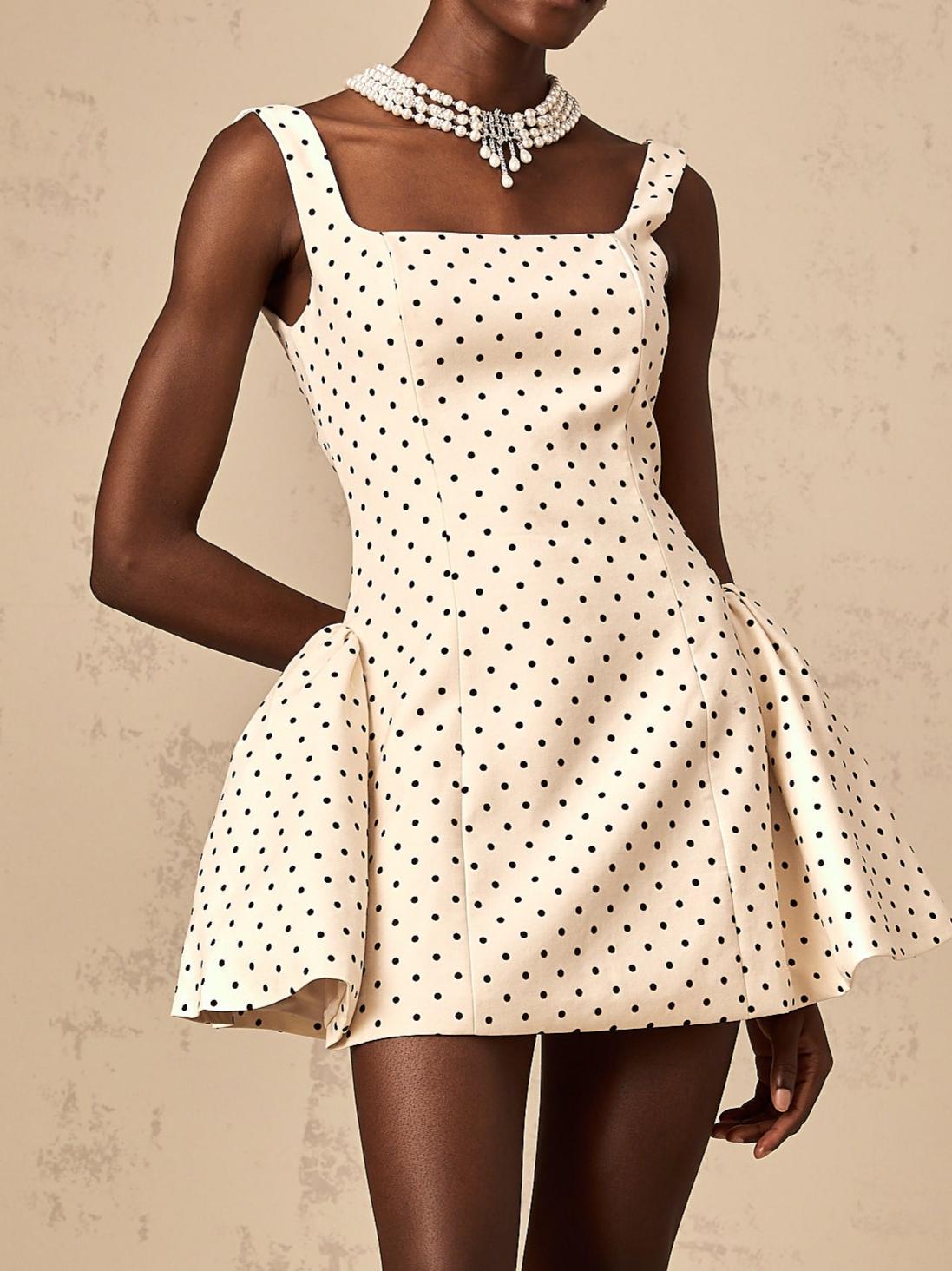 Geneviève Neutrals Polka-Dot Puff Mini Dress