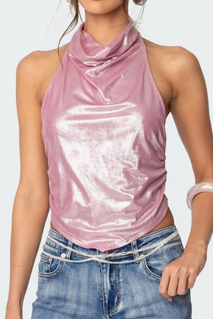 Shiny Backless Cowl Neck Top