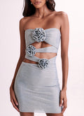Strapless Rose Diamante Mini Dress - Silver
