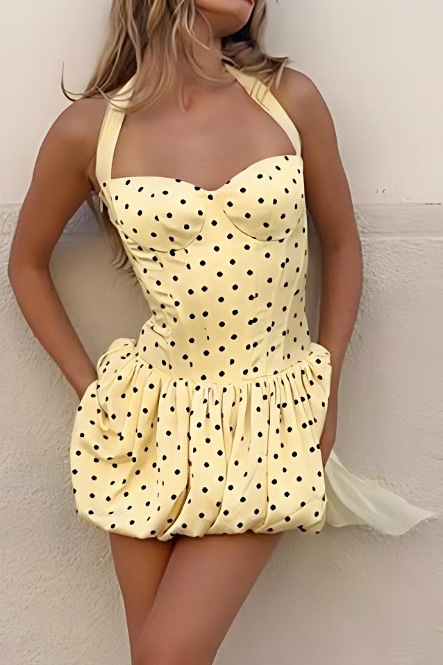 Polka Dot Sash Halter Tulip Mini Dress