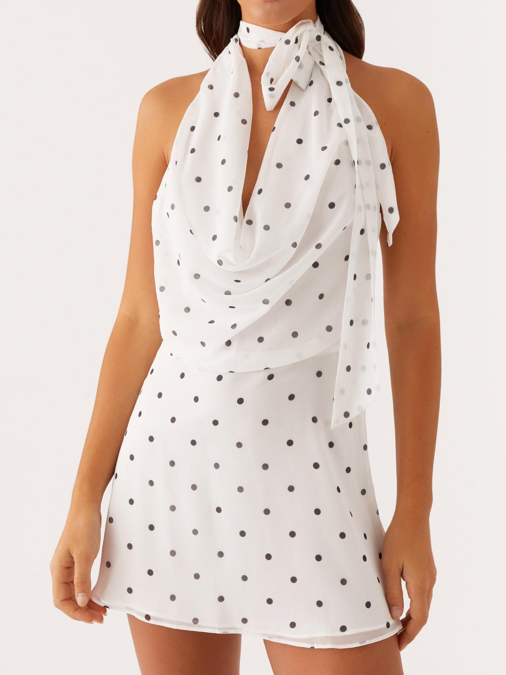 Avalia Backless Scarf Mini Dress - White Polka Dot