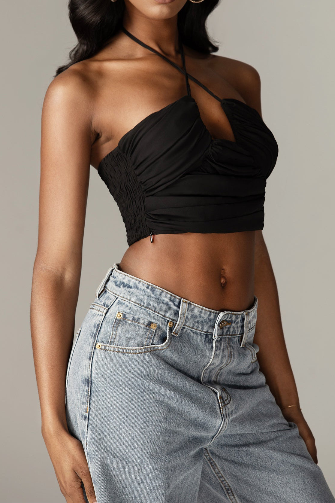 Davina Ruched Crepe Crop Top (Black)