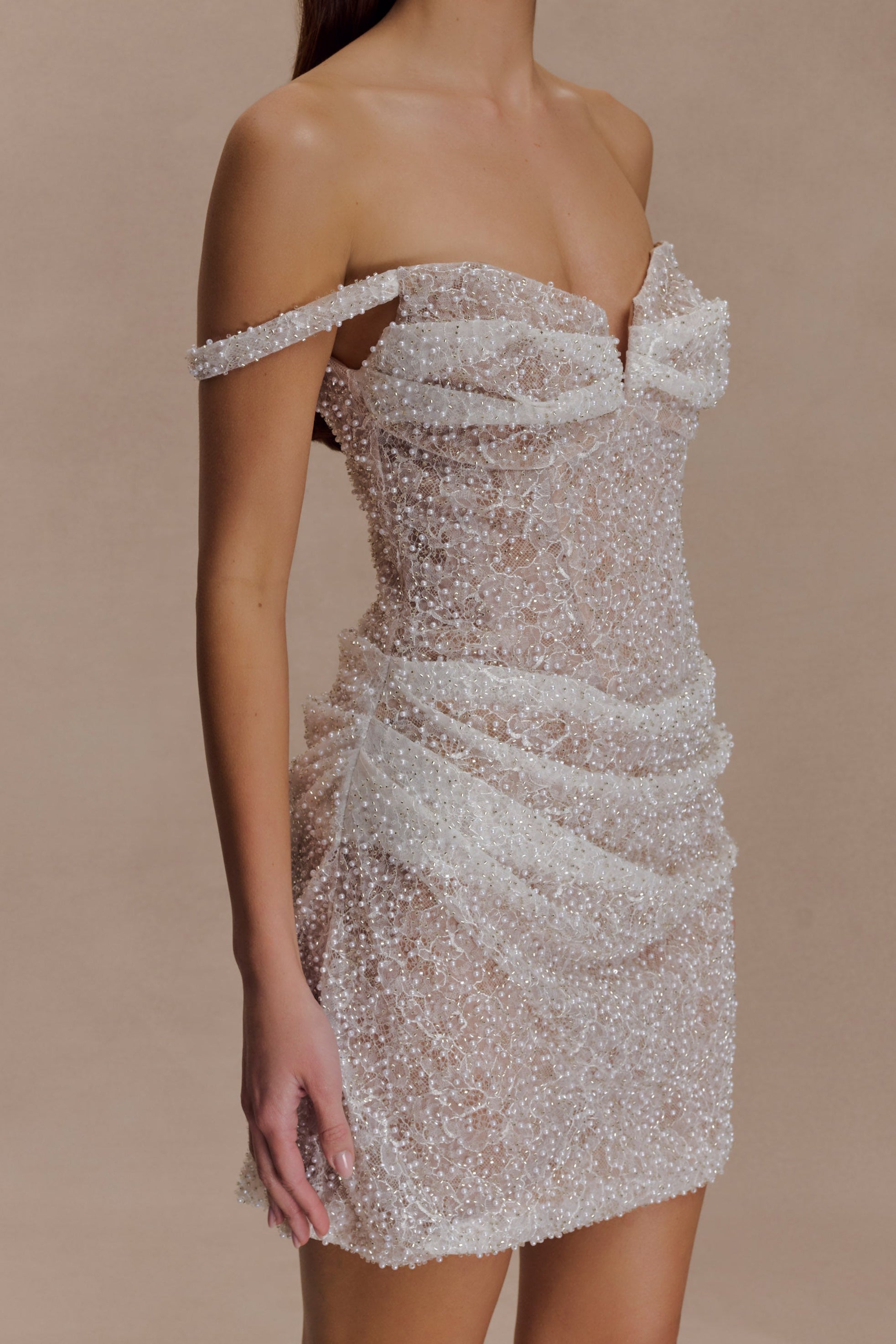 Beaded Bodycon Mini Dress - Nude