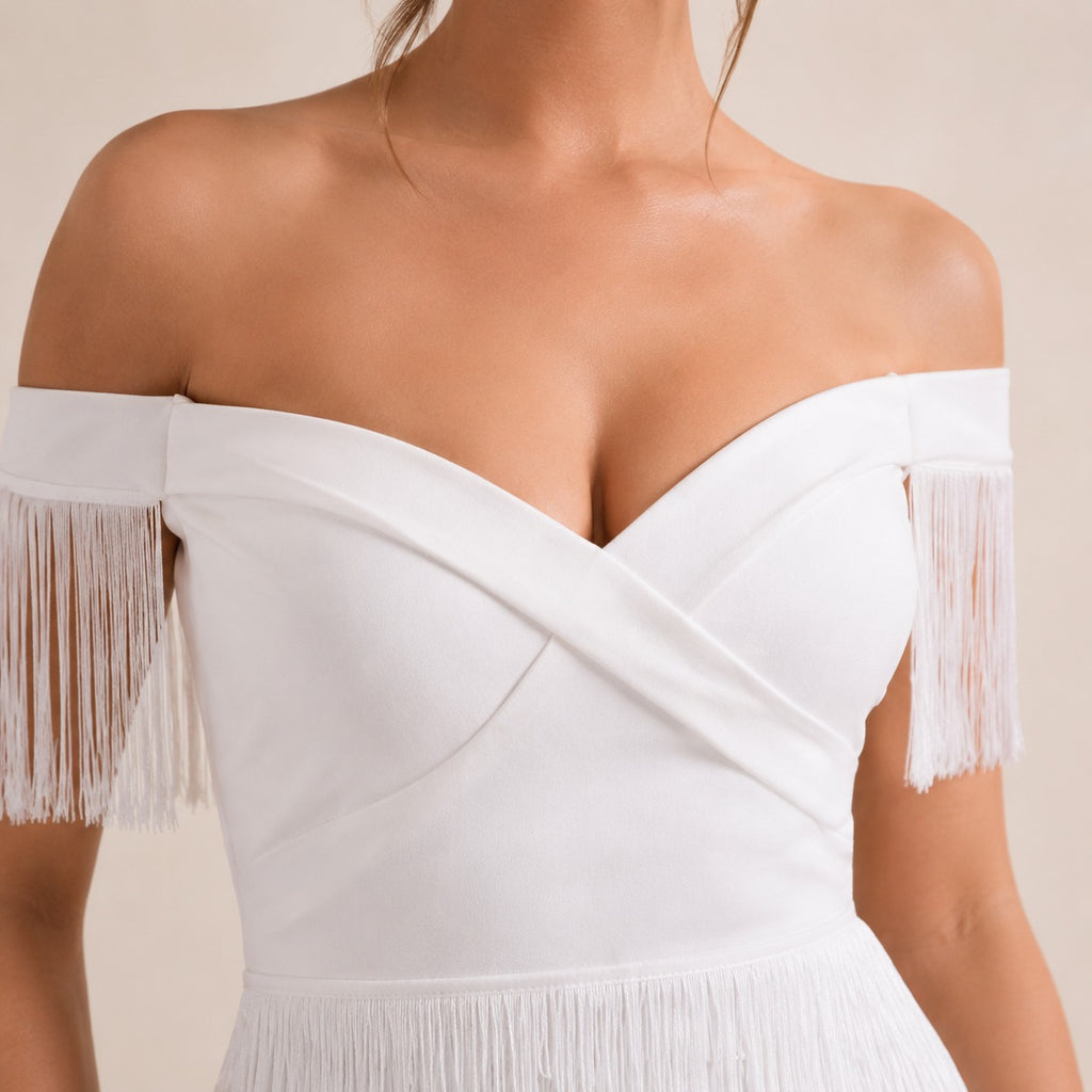 Celeste Off Shoulder Fringe Mini Dress