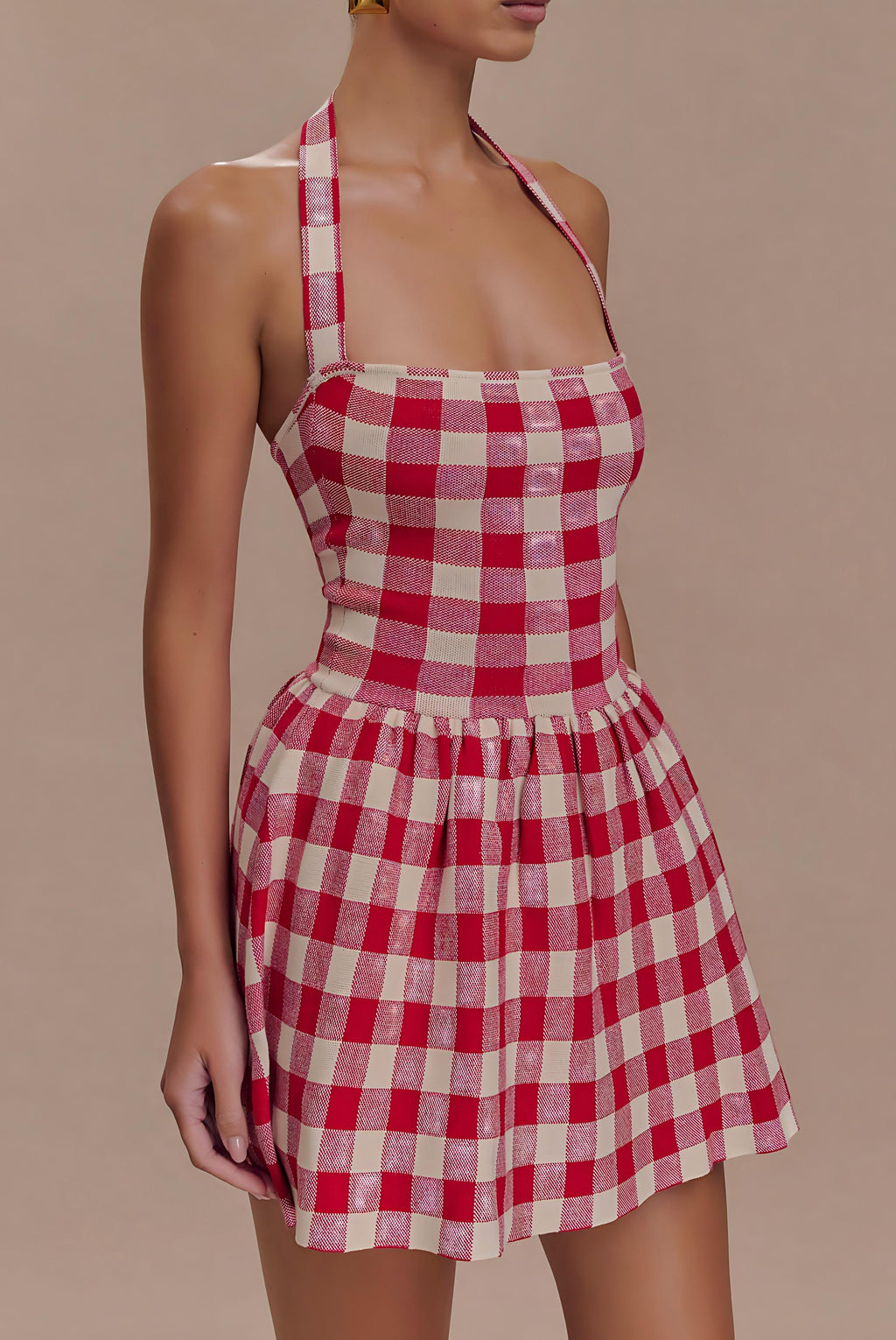Halter Knit Mini Dress - Red Gingham