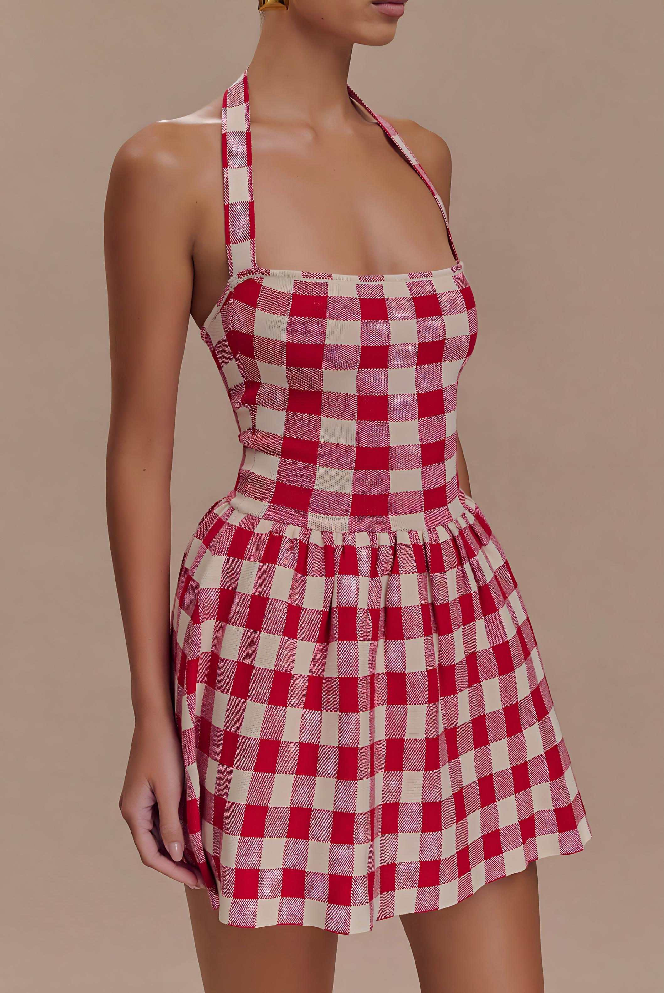 Halter Knit Mini Dress - Red Gingham