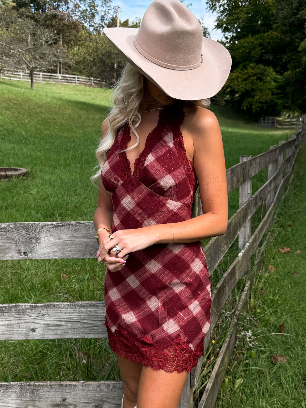 Country Crush Plaid Lace Halter Mini Dress