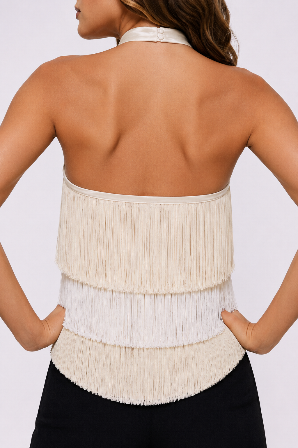 Gold Satin Halter Ombre Fringed Top