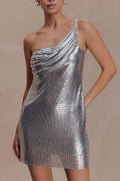 One Shoulder Glow Mesh Mini Dress - Silver