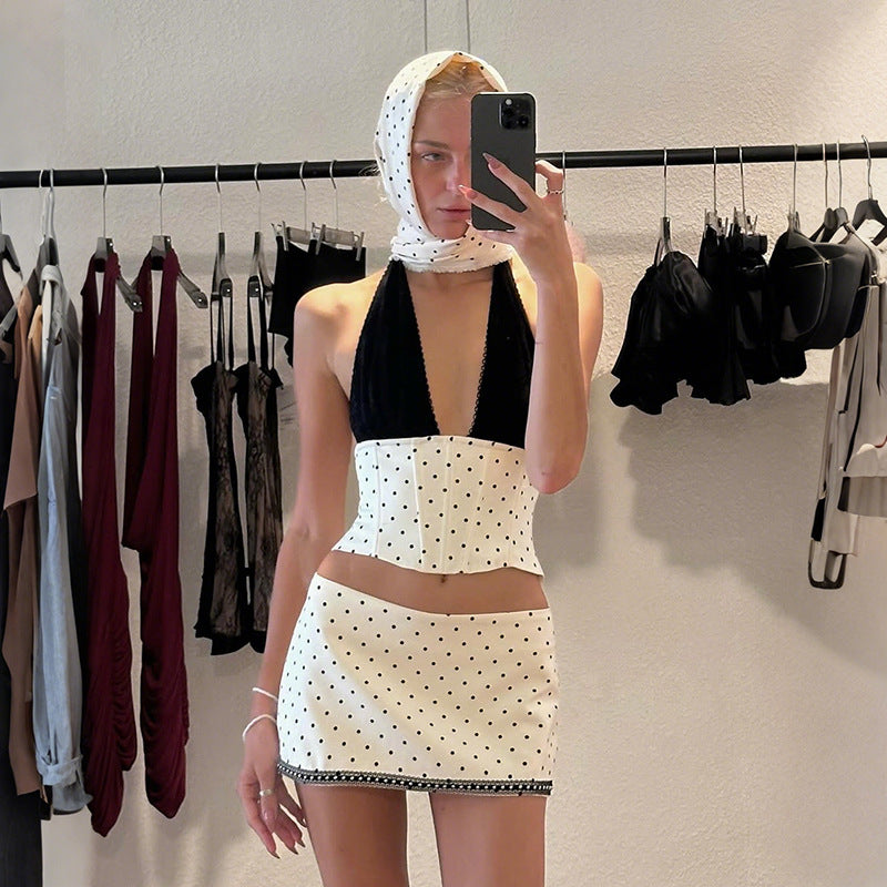 Polka Dot V-neck Top And Mini Skirt Set