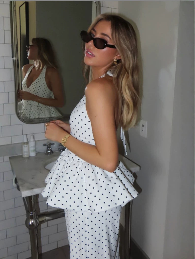 Noir Dot Peplum Halter Top