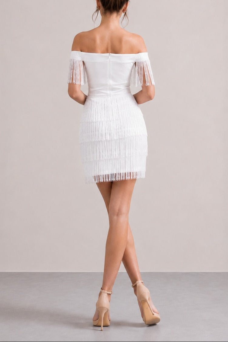 Celeste Off Shoulder Fringe Mini Dress