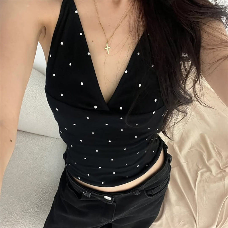 Y2K Polka Dot Halter Low Cut Tank Top
