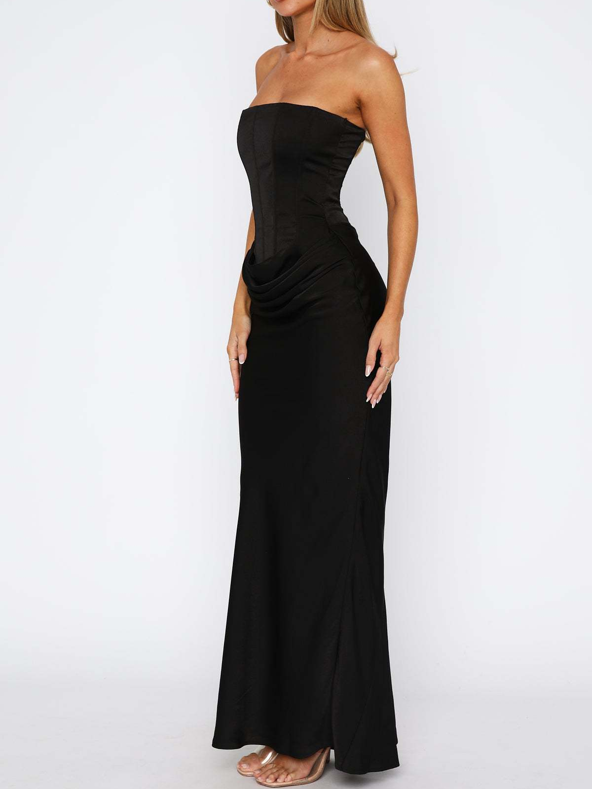 Strapless Fitted Bodycon Satin Maxi Dress