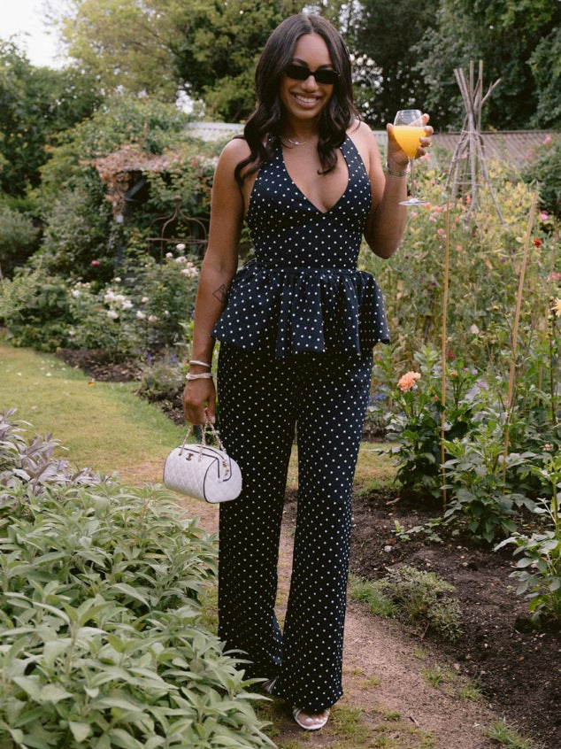 Noir Dot Peplum Halter Top