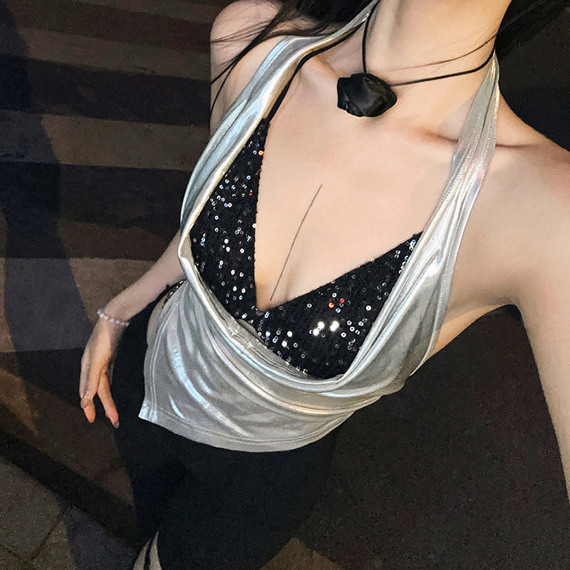Metallic Sequin Halter Backless Top