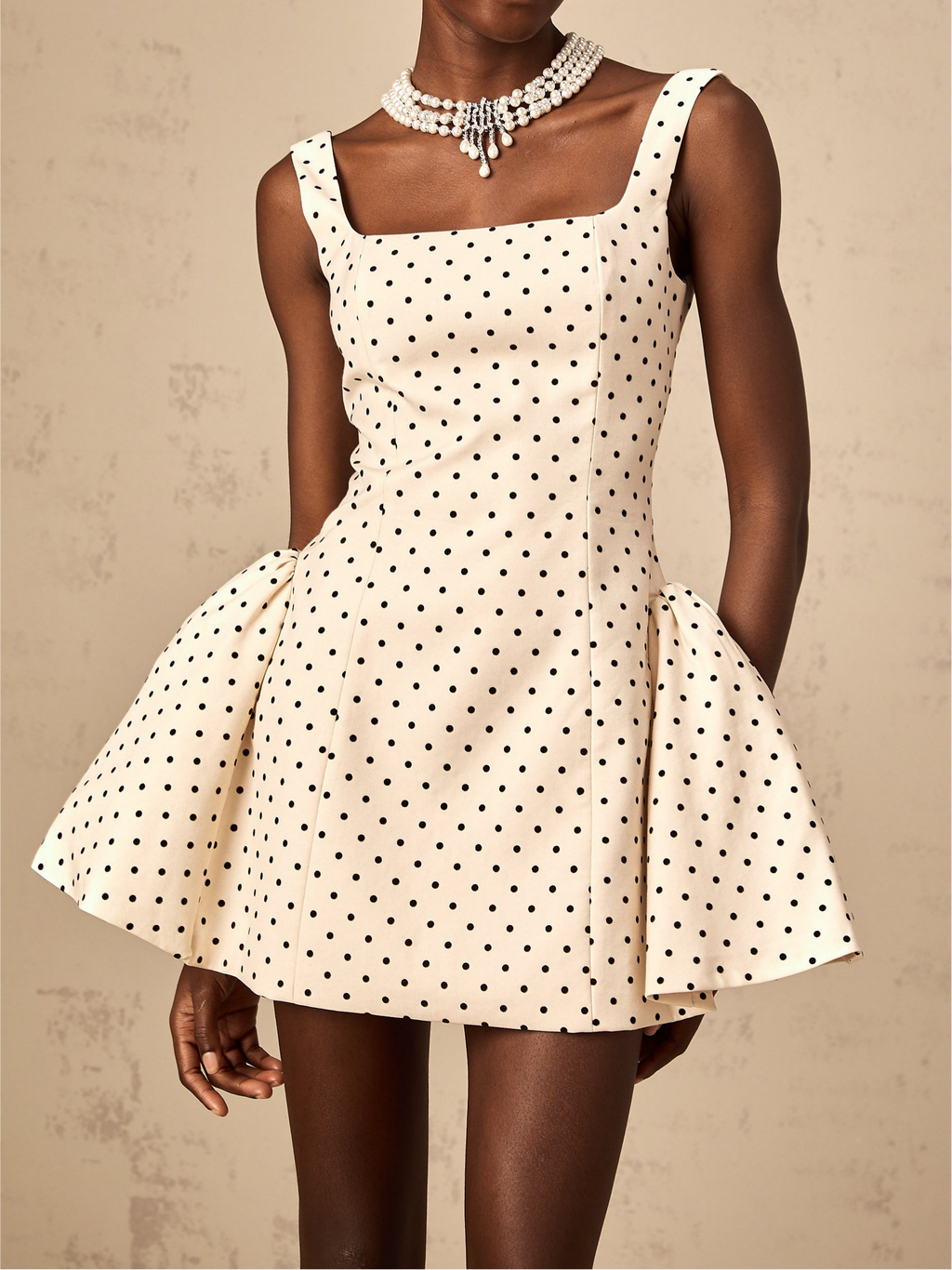 Geneviève Neutrals Polka-Dot Puff Mini Dress