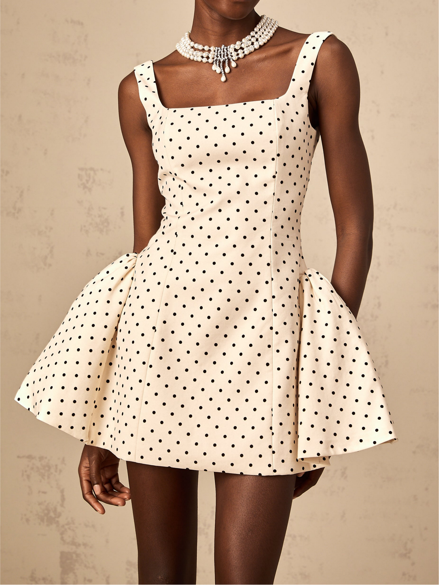 Geneviève Neutrals Polka-Dot Puff Mini Dress