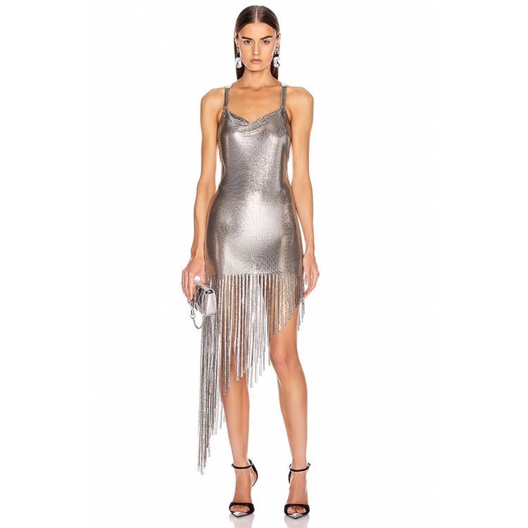 Party Essential Silver Sequin Fringe Mini Dress
