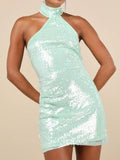 Sensational Purpose Mint Sequin Halter Tulip Mini Dress