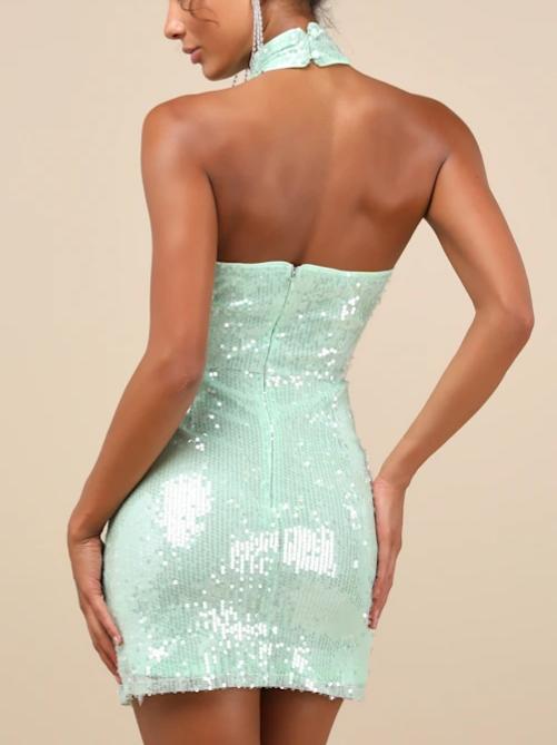 Sensational Purpose Mint Sequin Halter Tulip Mini Dress