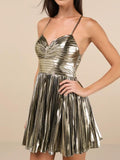 Glamorous Choice Gold Metallic Pleated Lace-Up Mini Dress