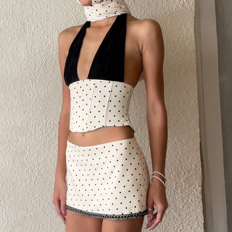 Polka Dot V-neck Top And Mini Skirt Set