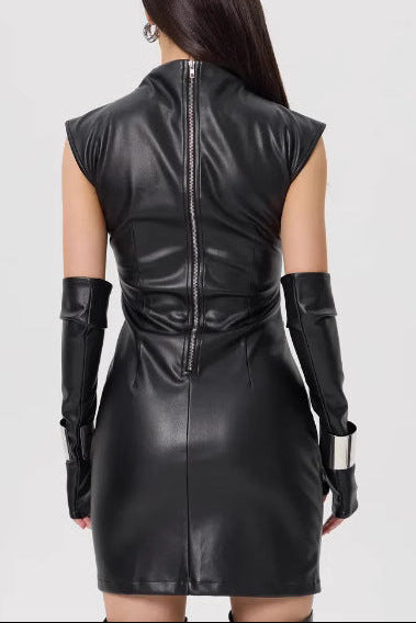 Bold High-Neck Leather Mini Dress