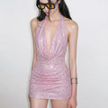 Embellished Cowl-Neck Low-Back Mini Dress