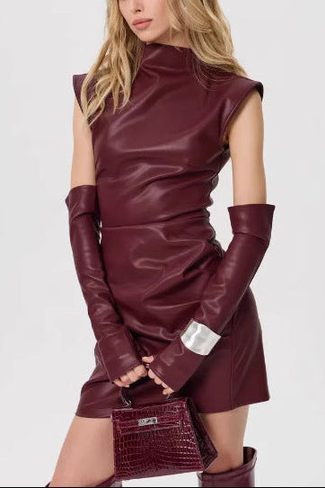 Bold High-Neck Leather Mini Dress