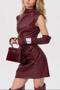 Bold High-Neck Leather Mini Dress