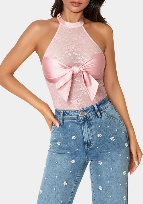 Chest Bow Halter Lace Bodysuit