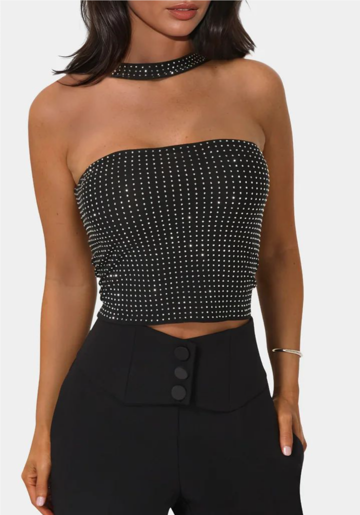 Rhinestone Mesh Halter Top