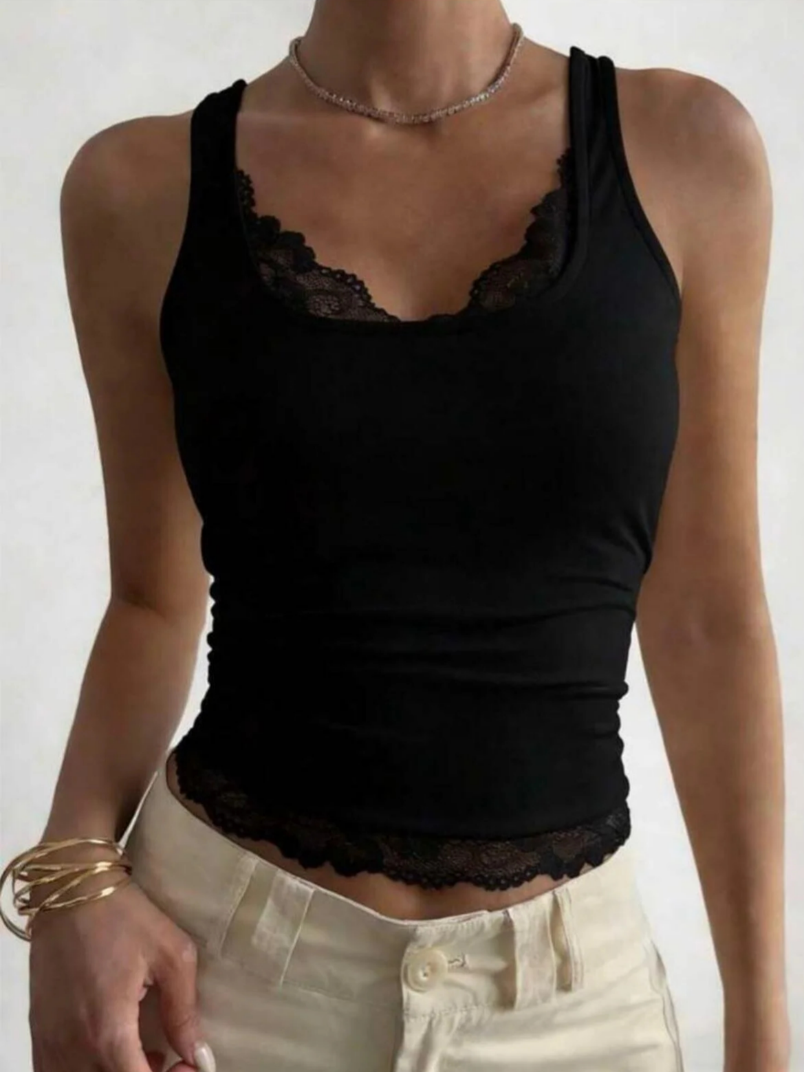 Sexy Lace Trim Solid Crop Tank Top