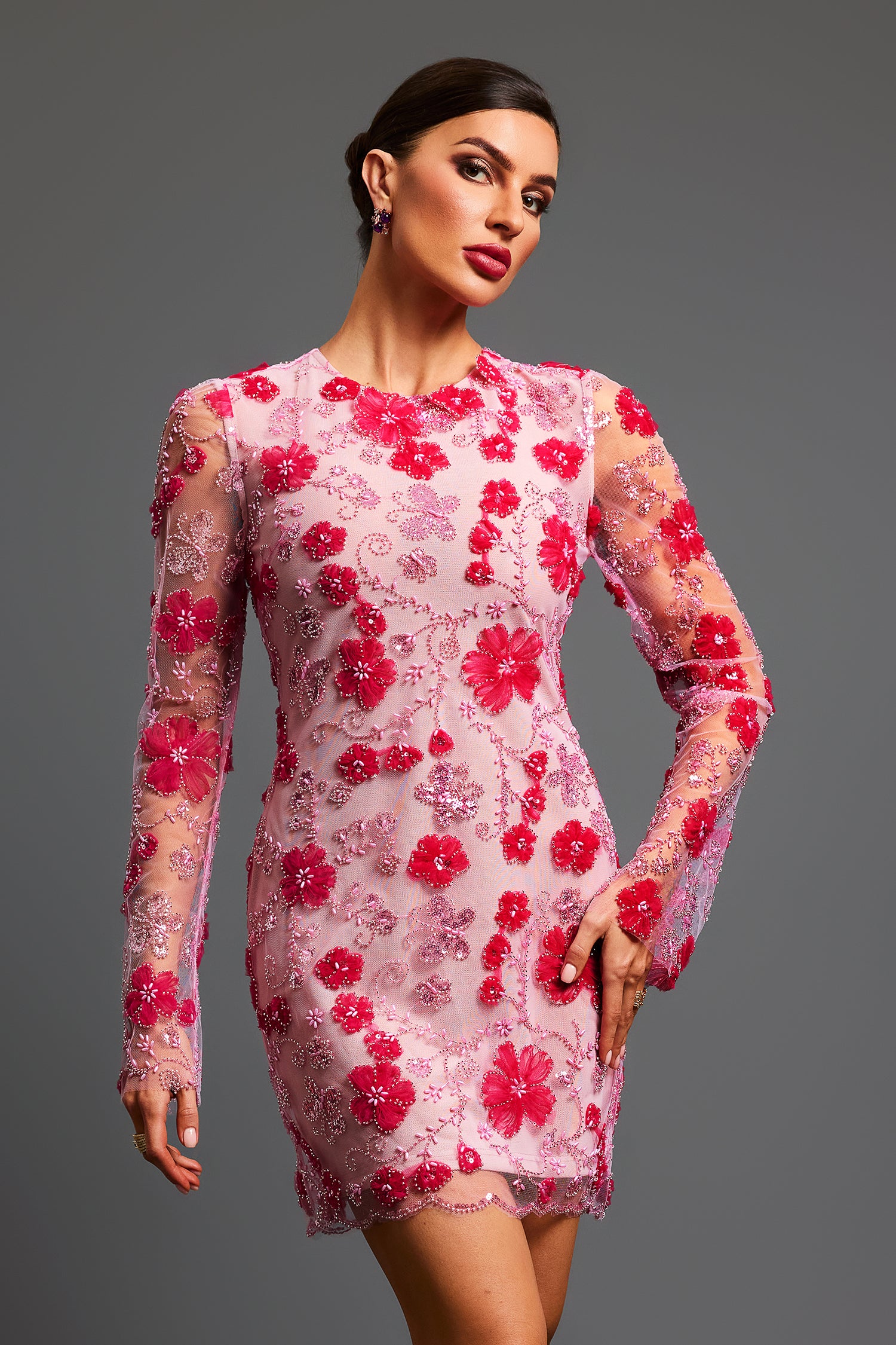 Locava Long Sleeves Netting Mini Dress
