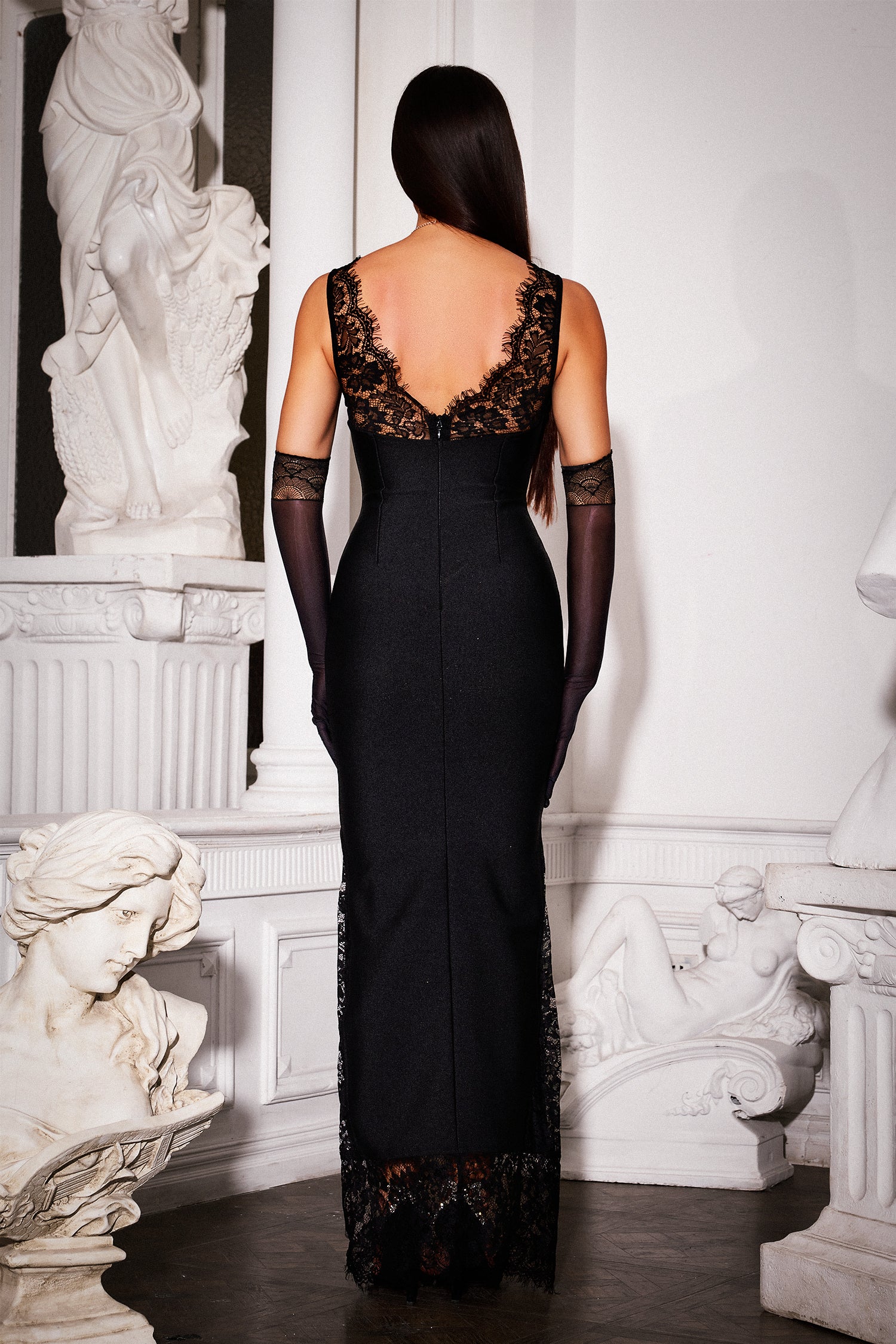 Janano Lace Deep V Maxi Dress - Black