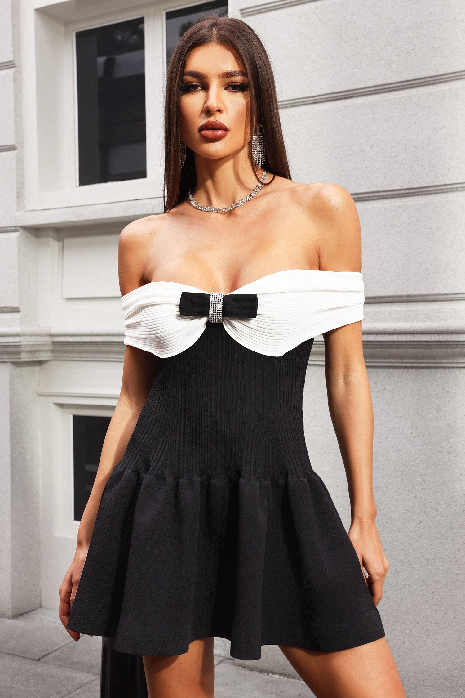 Loretta Straight Shoulder Bow Mini Dress