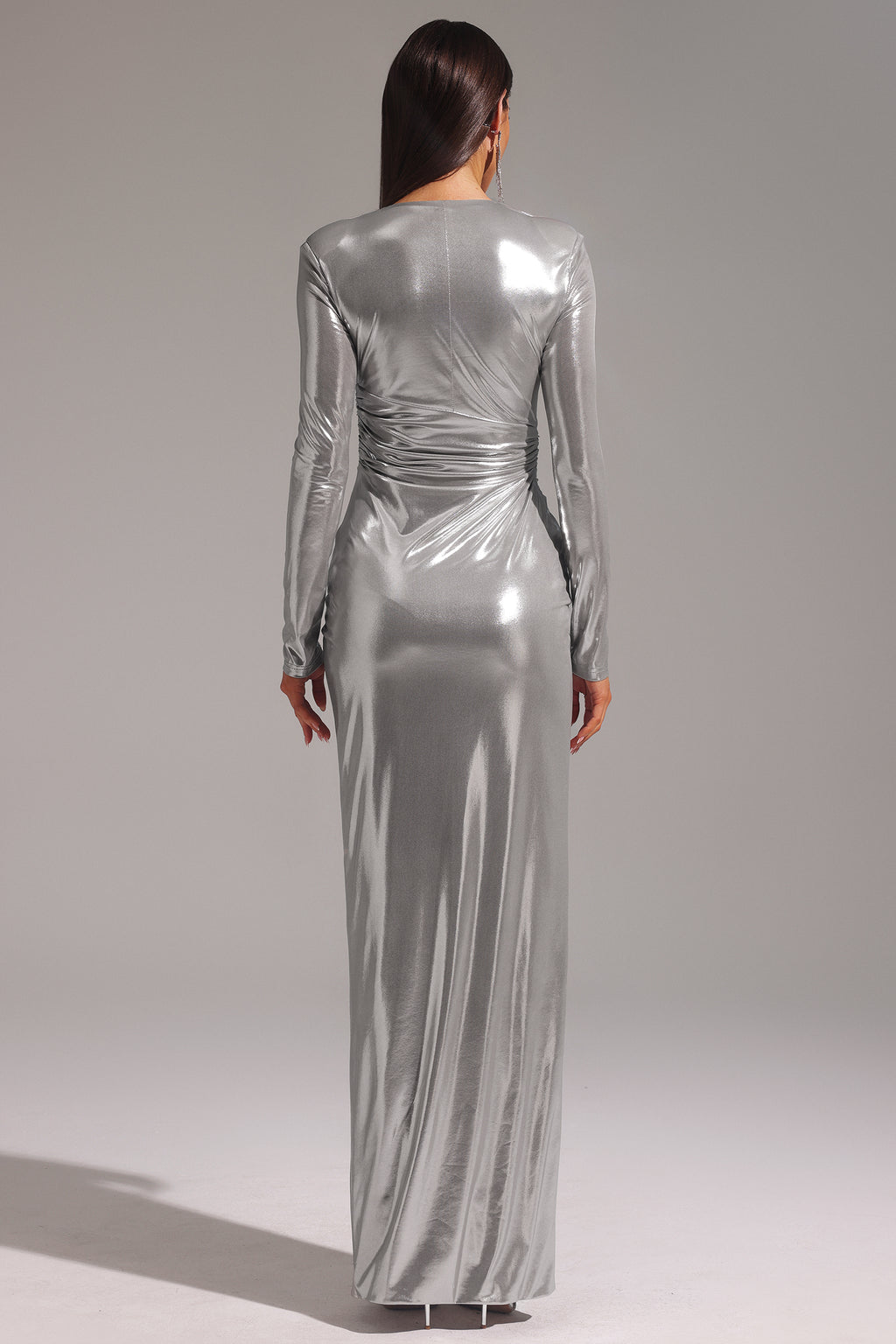 Linka Deep V Long Sleeve Shirr Maxi Dress