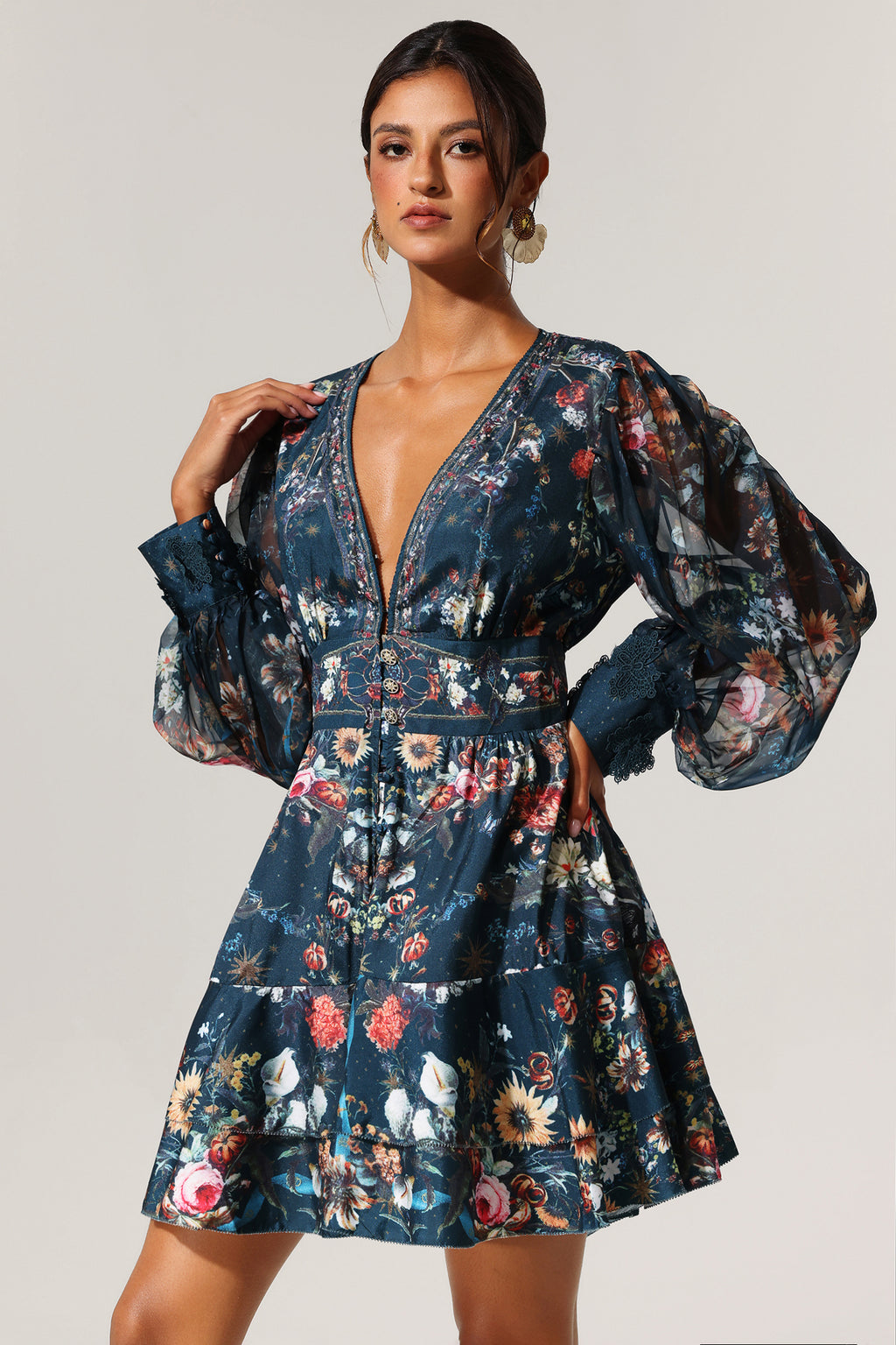Lina V-Neck Floral Printed Long Sleeves Mini Dress